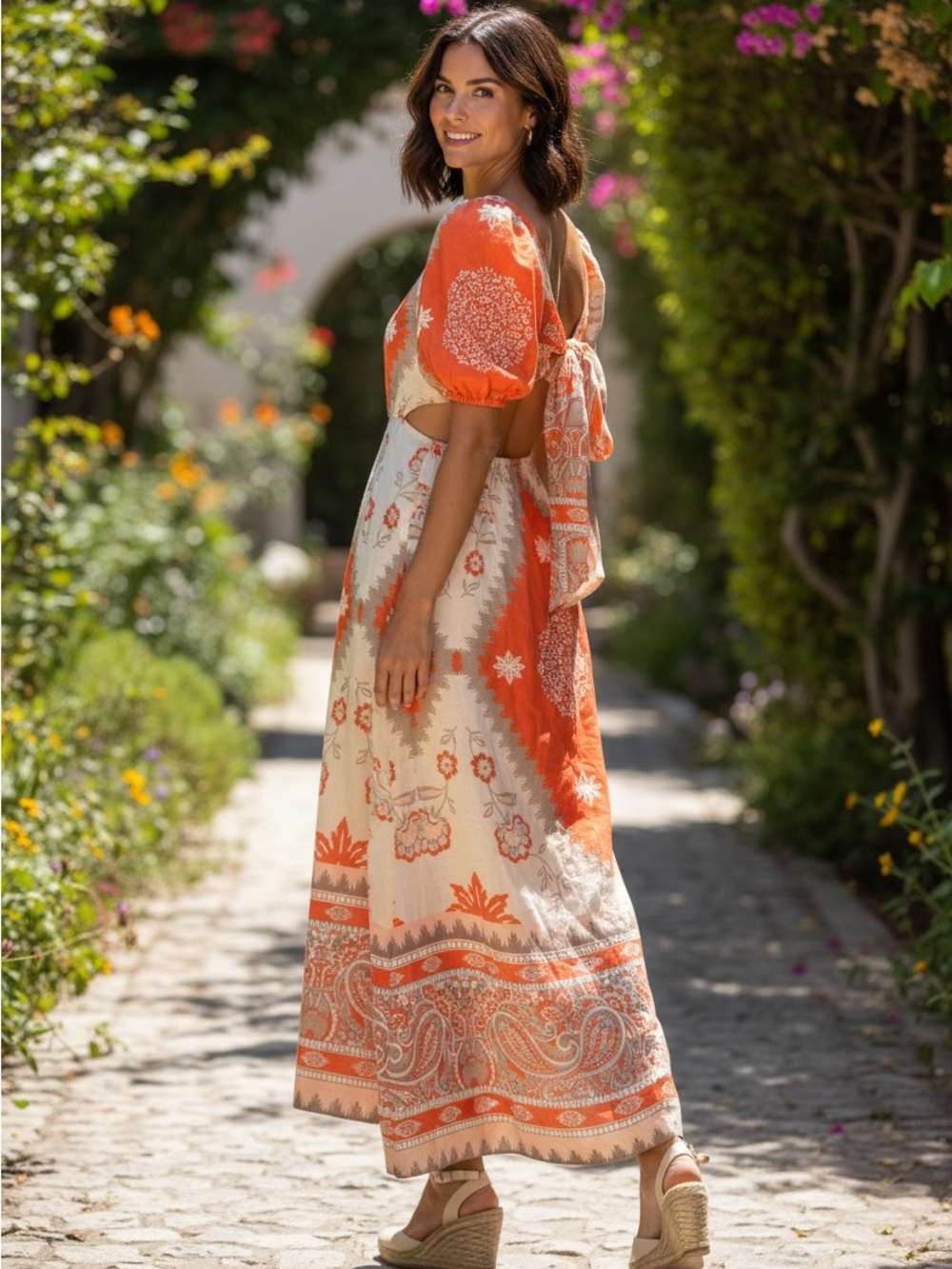 ANTONIO MELANI Orange and Cream Cutout Tie-Back Maxi Dress